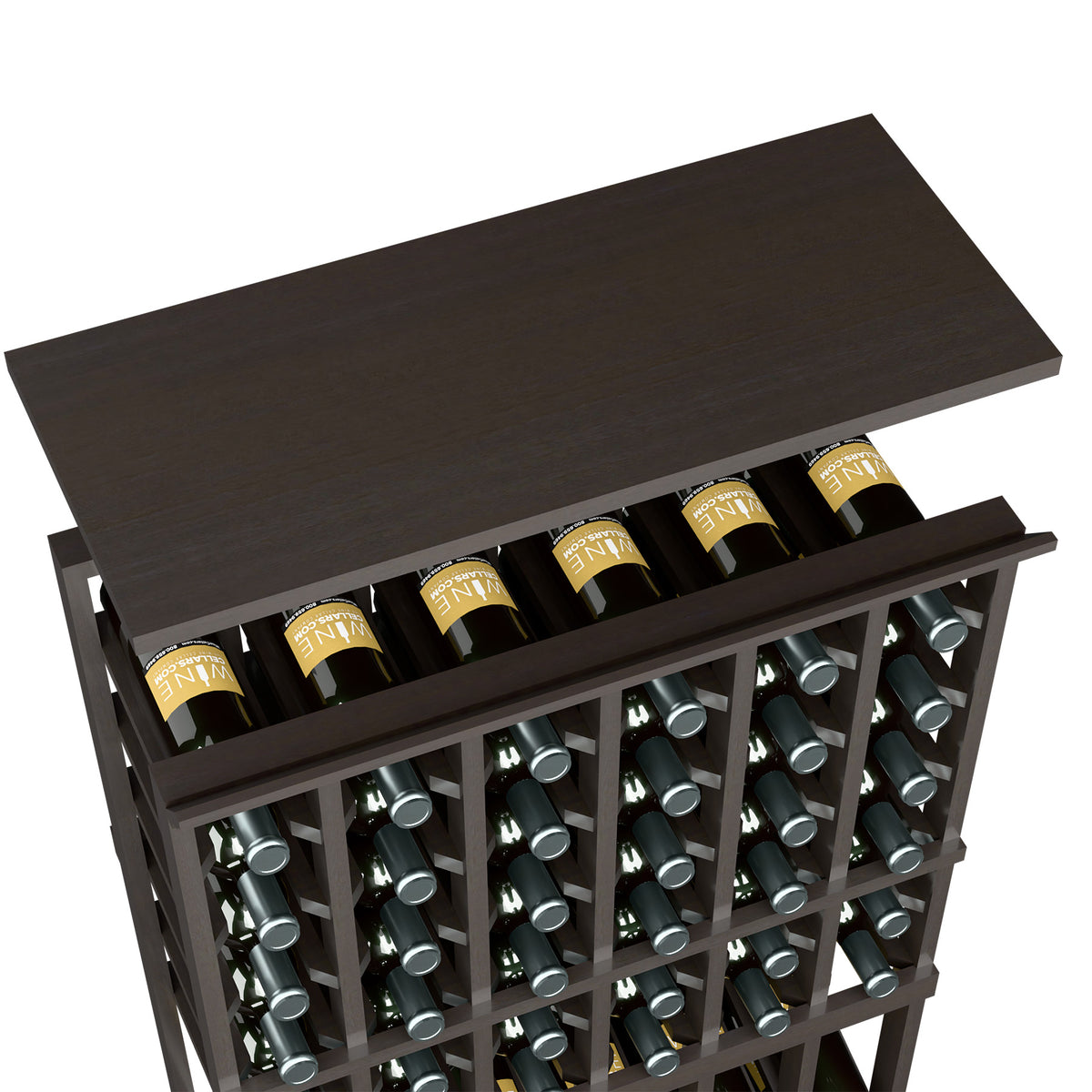 Wine rack top shelf for 6-column rack with dark brown wood and bottle storage cells