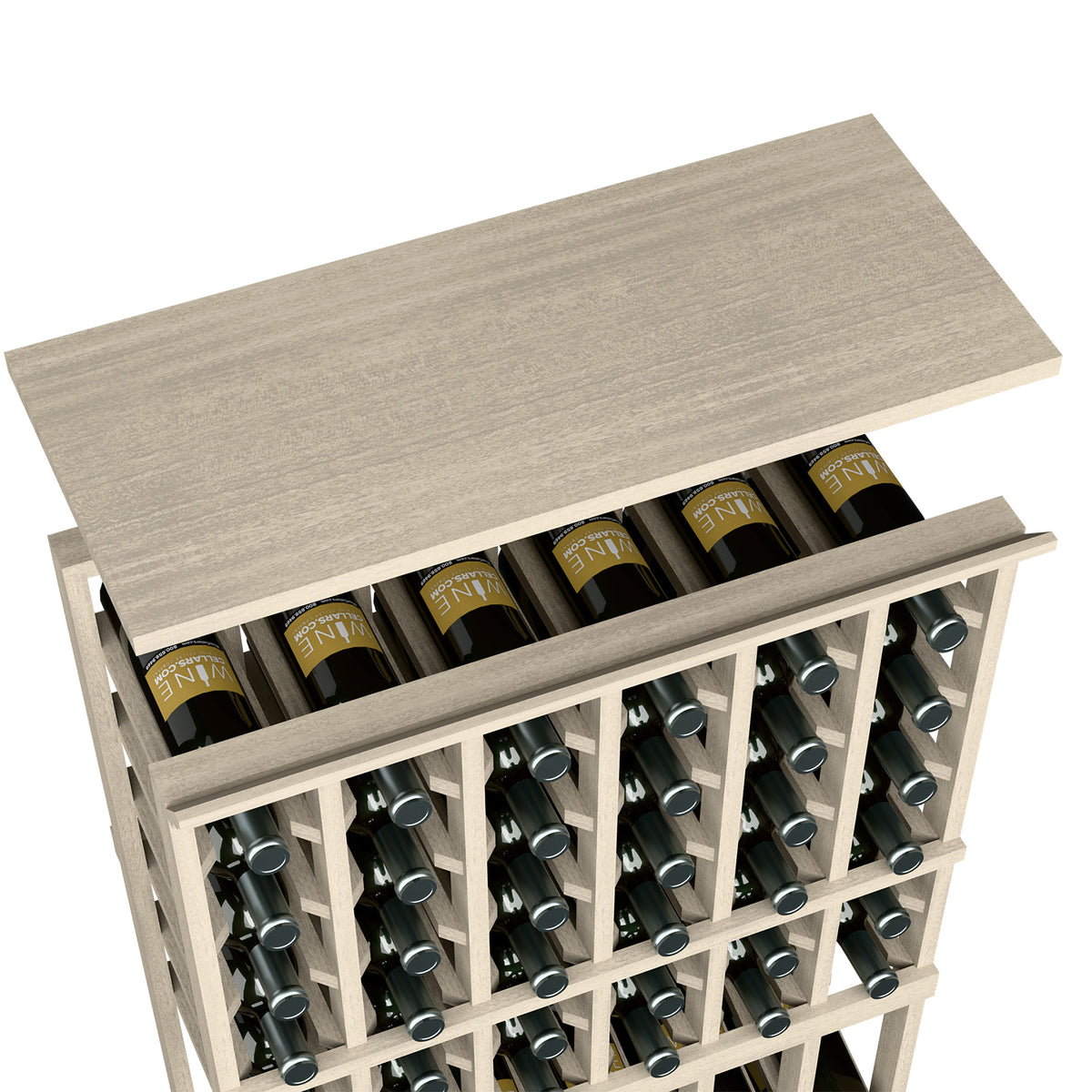 Grey wood wine rack top shelf with bottle storage openings and slatted dividers