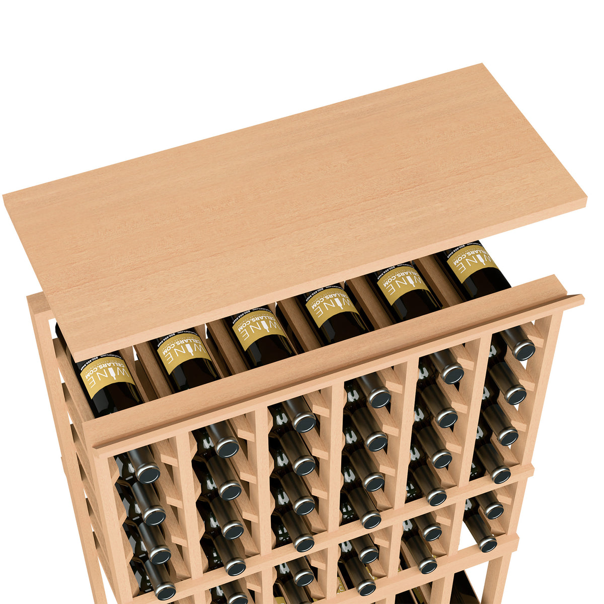 Light wood wine rack top shelf with bottle storage openings and grid dividers