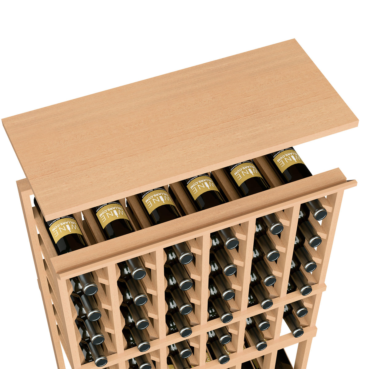 Natural wood wine rack top shelf with bottle compartments and slatted divider frame
