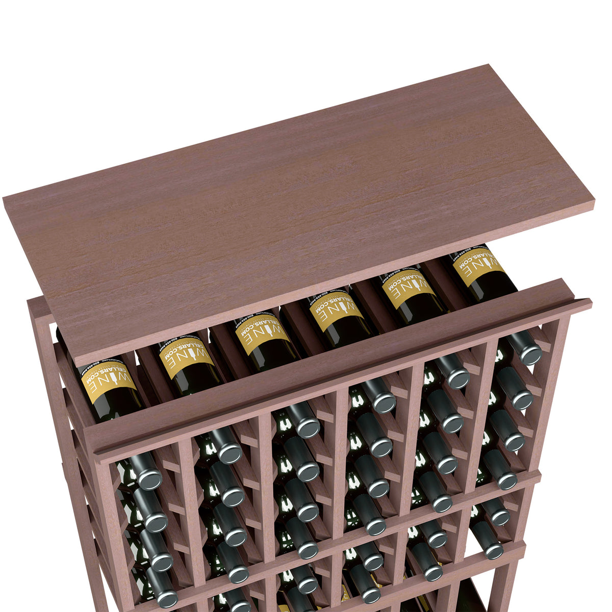 Espresso brown wood wine rack top shelf with bottle storage openings and dividers