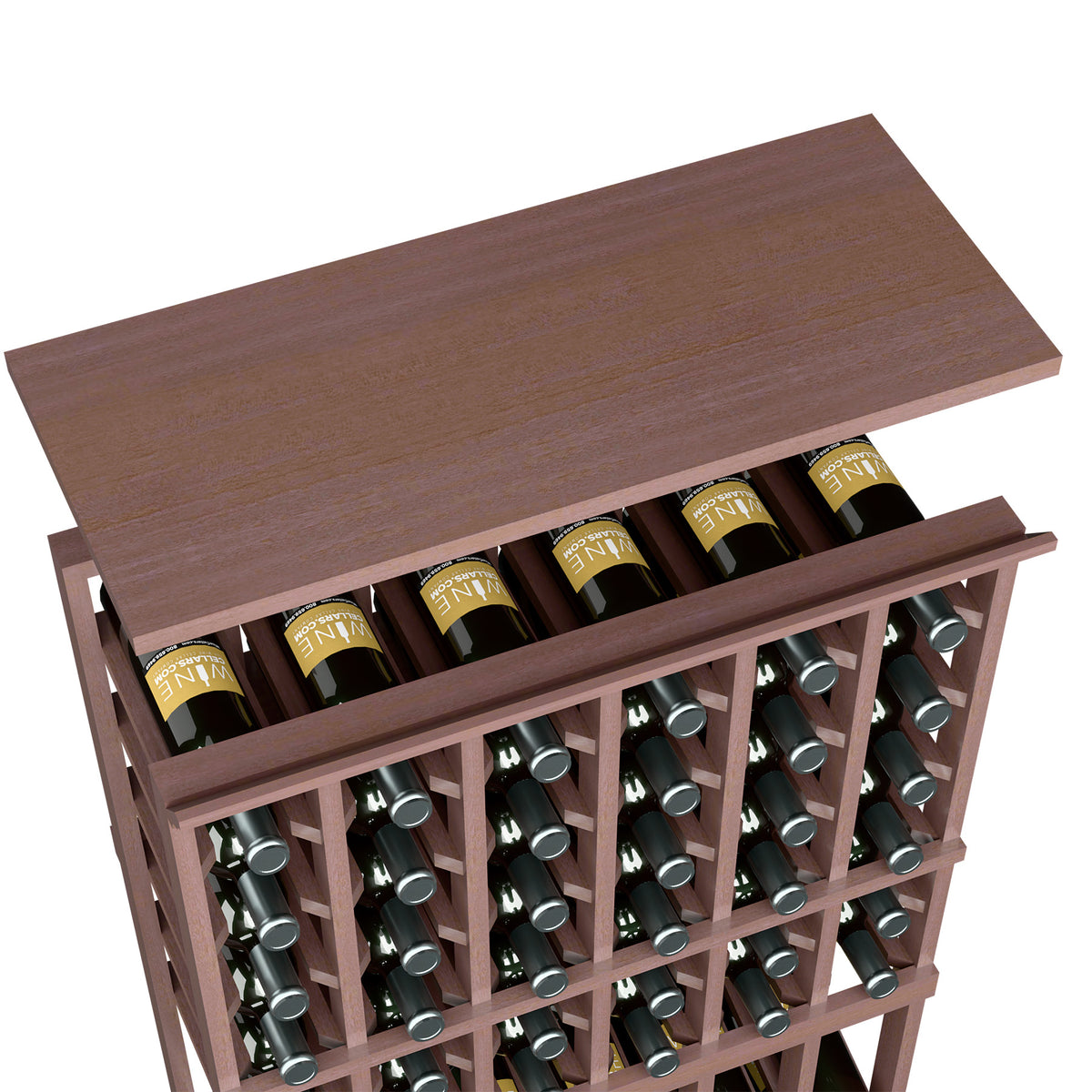 Dark brown wood wine rack top shelf with bottle compartments and square divider grid