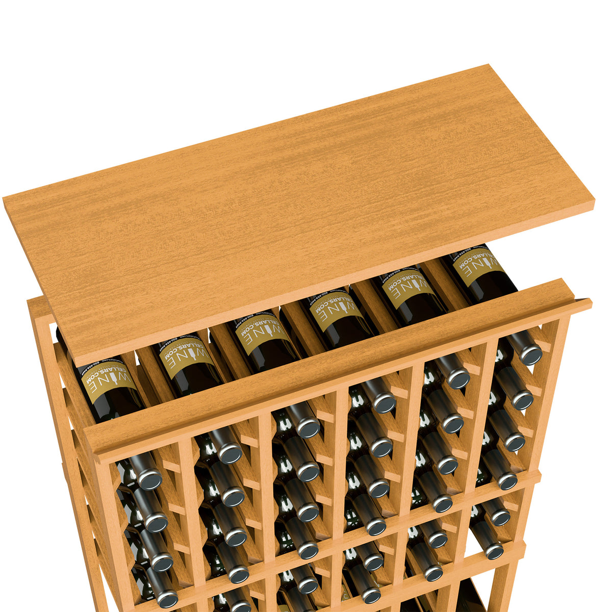 Light tan wood wine rack top shelf with bottle compartments and grid divider supports