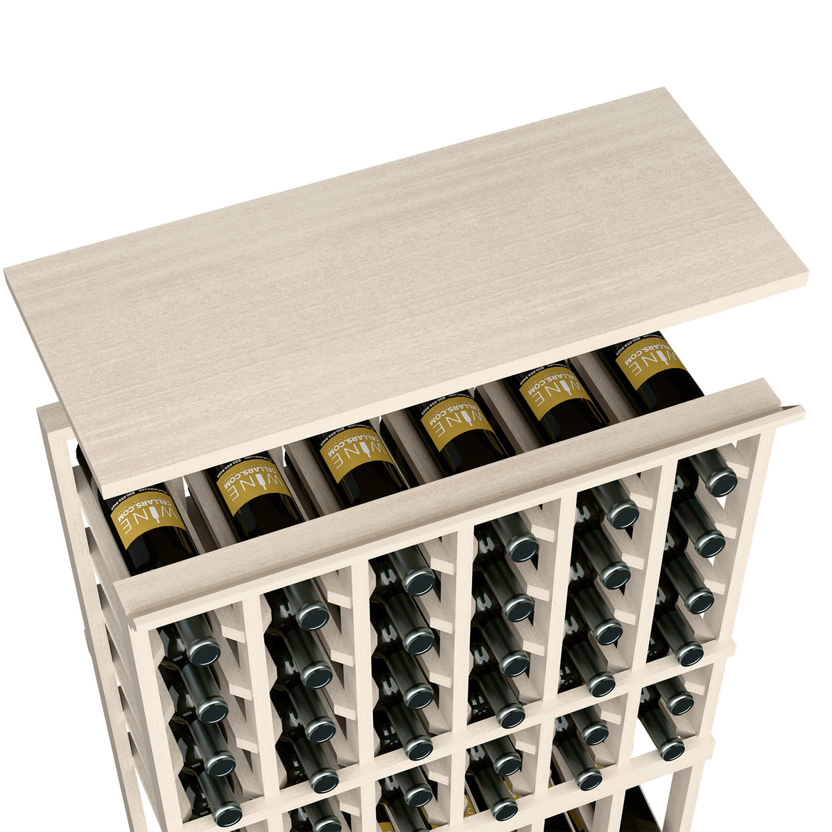 Light grey wood wine rack top shelf with bottle compartments and vertical divider openings