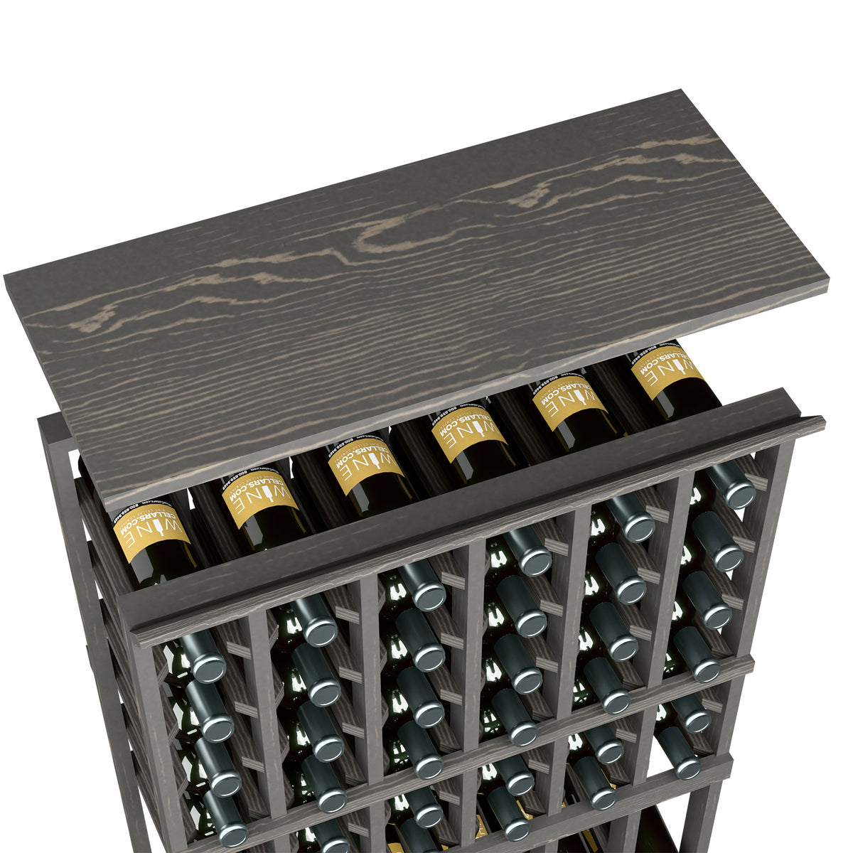 Dark wood wine rack top shelf with open front and bottle slots, holding wine bottles