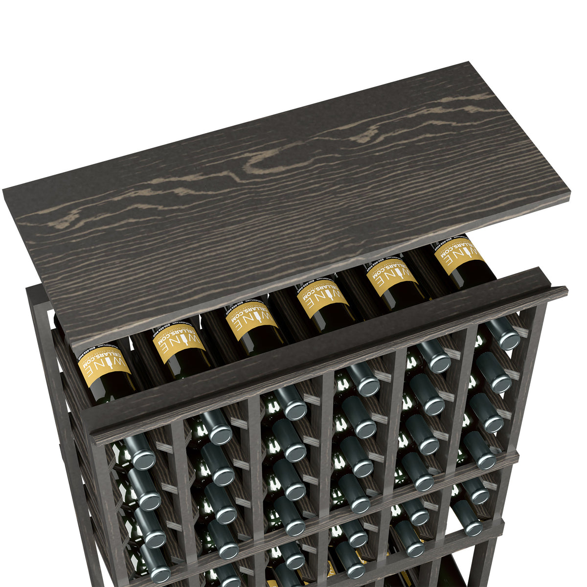 Dark wood wine rack top shelf with open front and bottle slots, holding wine bottles