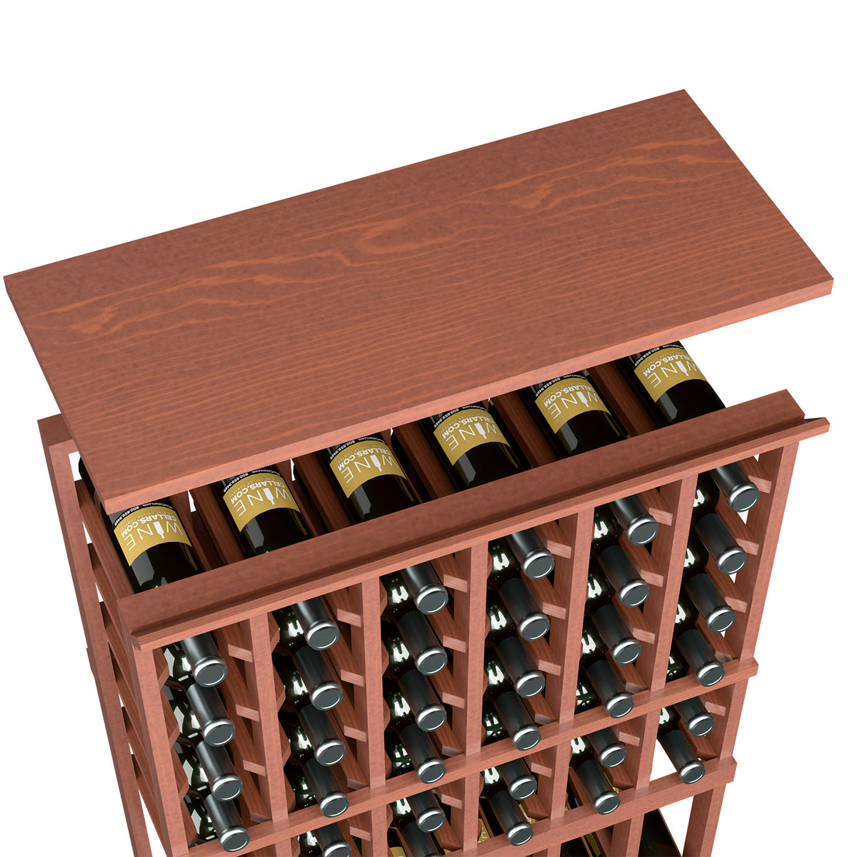 Warm reddish wood wine rack top shelf with open front and bottle slots, holding wine bottles