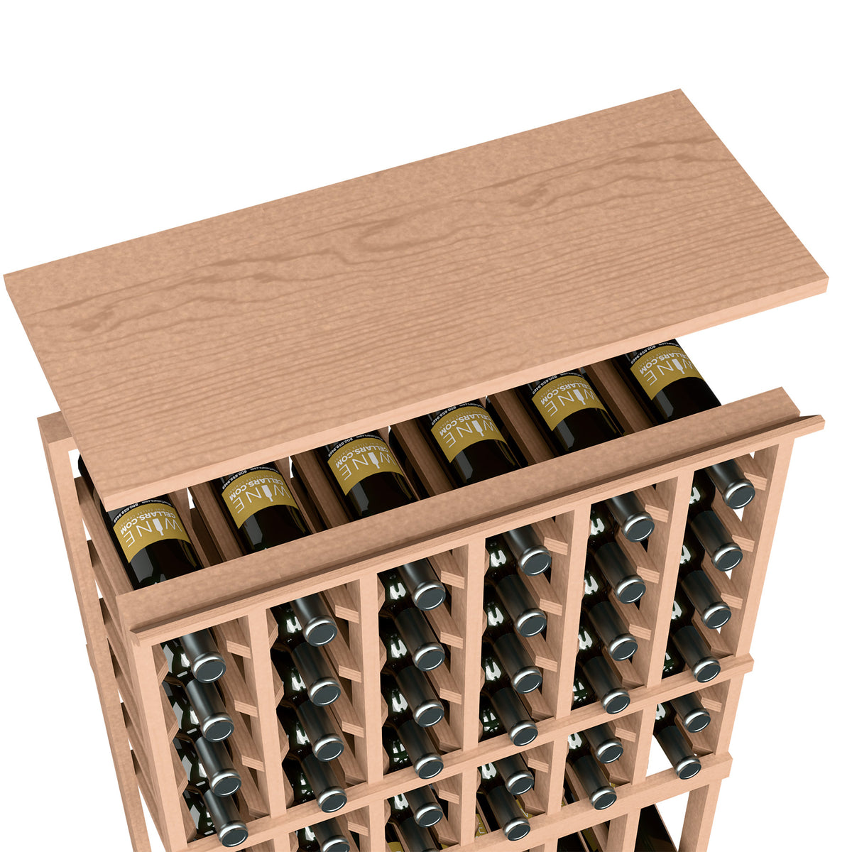 Light tan wood wine rack top shelf with open front and bottle slots, holding wine bottles