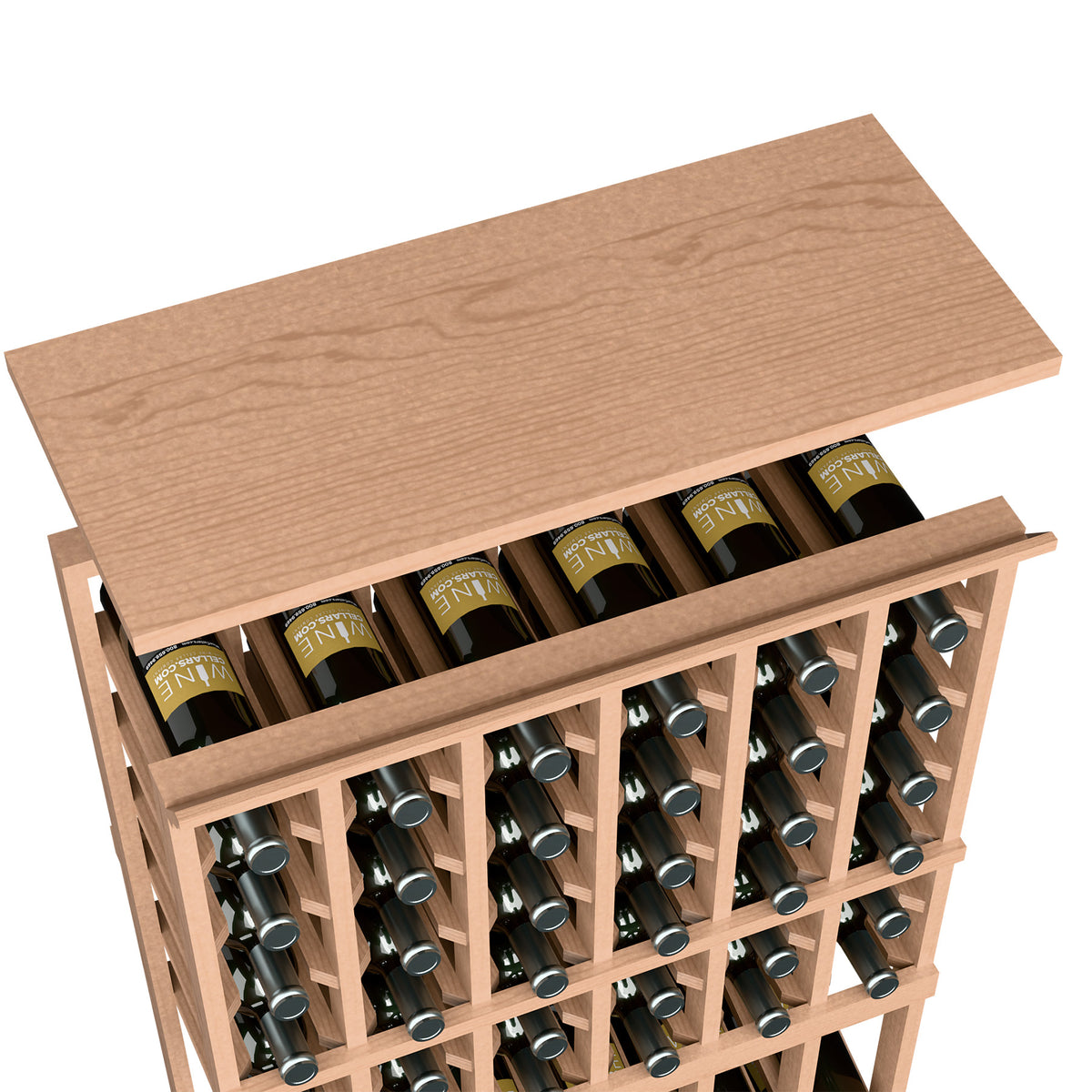 Light beige wood wine rack top shelf with open front and bottle slots, holding wine bottles