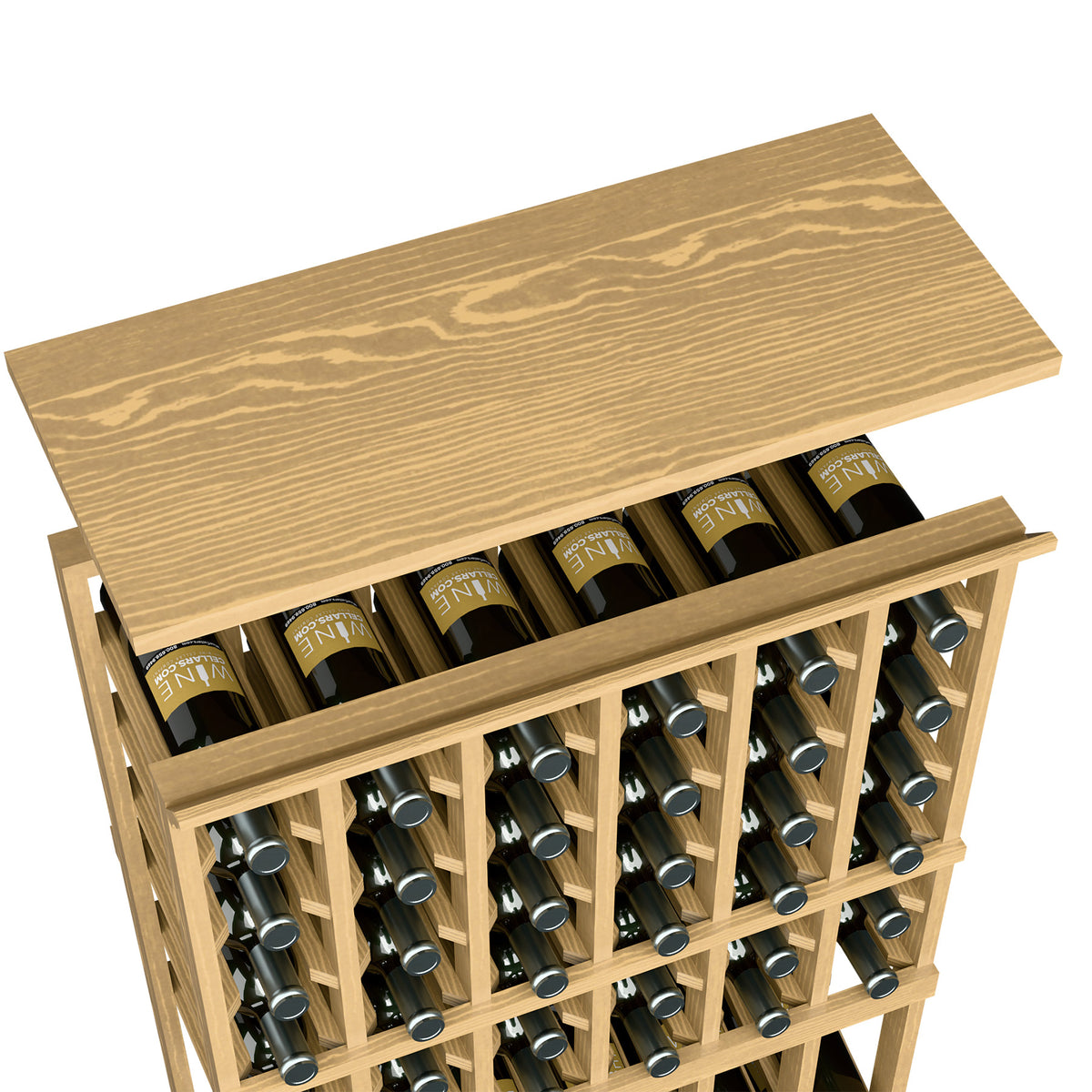 Honey-colored wood wine rack top shelf with open front and bottle slots, holding wine bottles