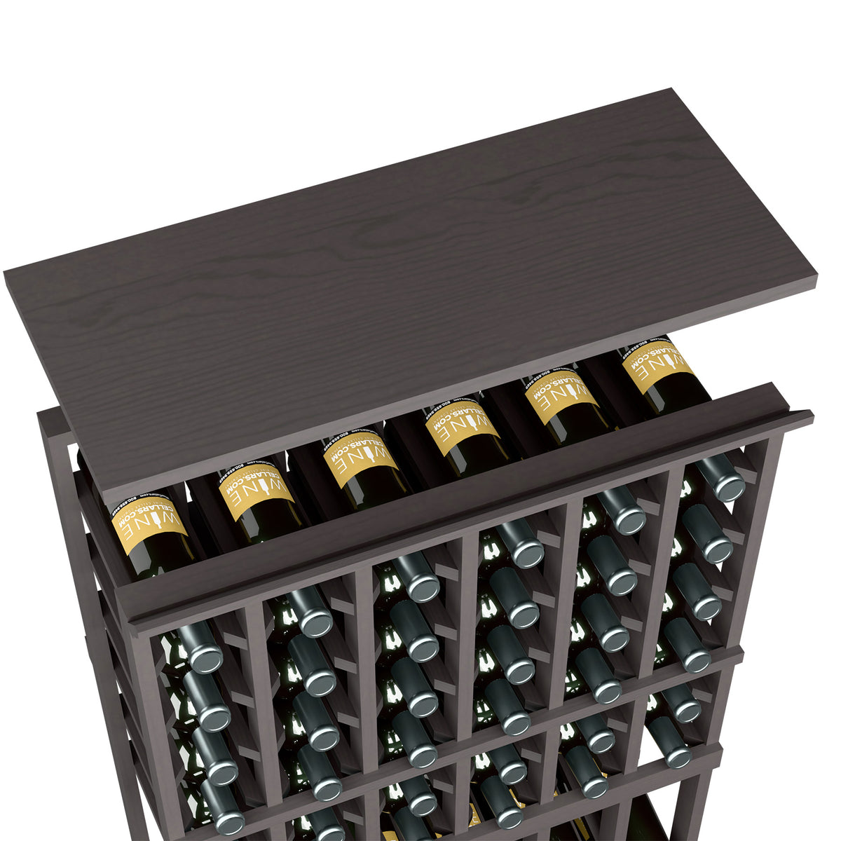 Espresso-dark wood wine rack top shelf with open front and bottle slots, holding wine bottles
