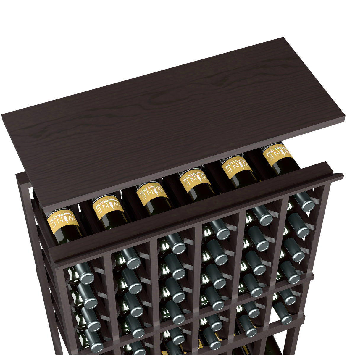 Dark walnut wood wine rack top shelf with open front and bottle slots, holding wine bottles