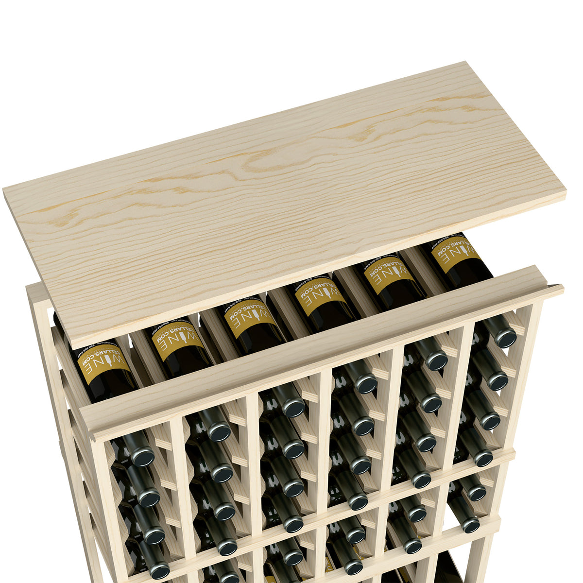 Pale wood top shelf for 6-column wine rack with open bottle holders