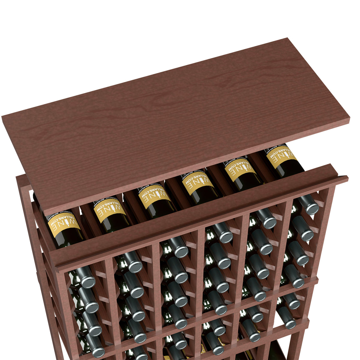 Espresso-toned wood top shelf for 6-column wine rack with bottle rows