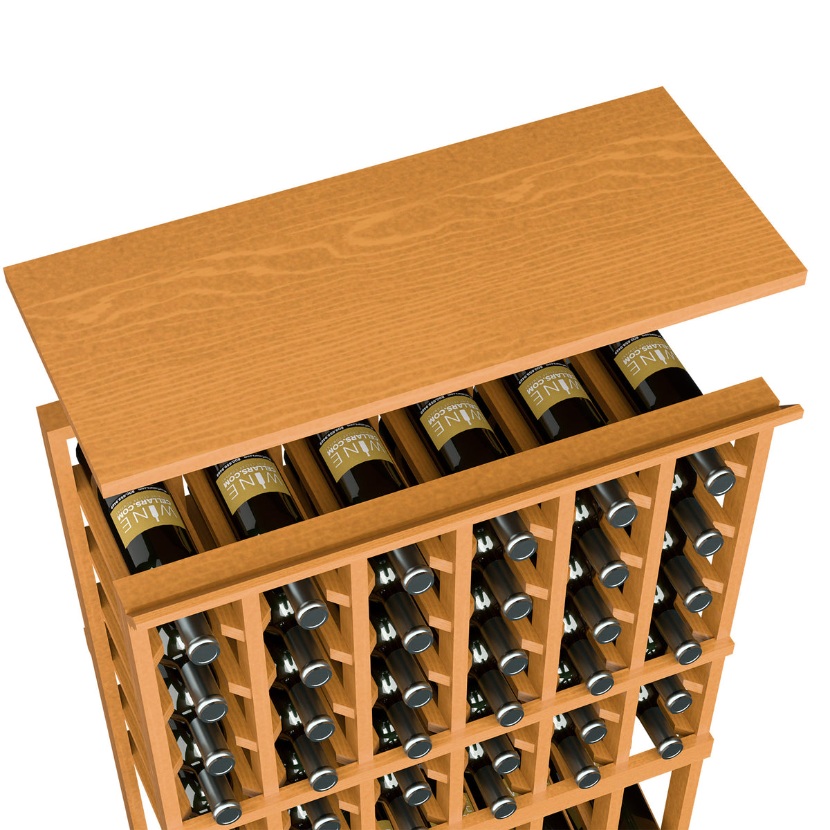 Golden wood top shelf for 6-column wine rack with front wine bottle holders