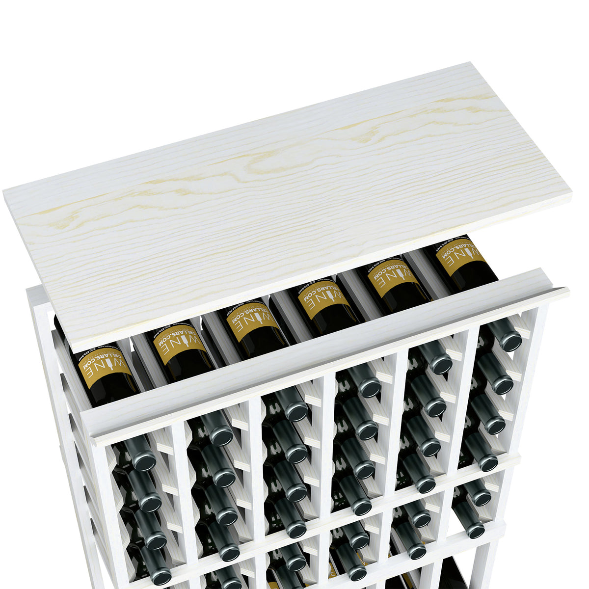 White wood top shelf for 6-column wine rack with multiple bottle compartments