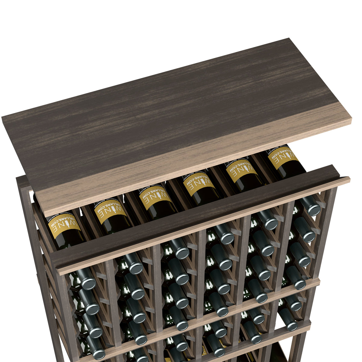 Wood top shelf for 6-column rack with bottle slots, dark charcoal finish