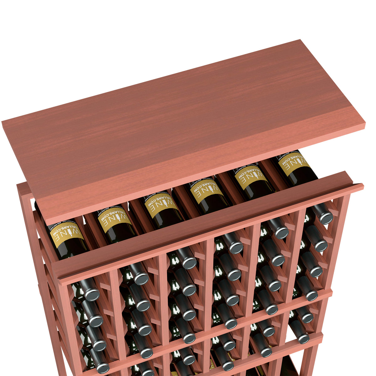 Wood top shelf for 6-column rack with bottle slots, red-stained finish