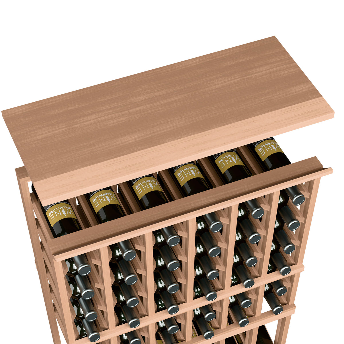 Wood top shelf for 6-column rack with bottle slots, light wheat-stained finish