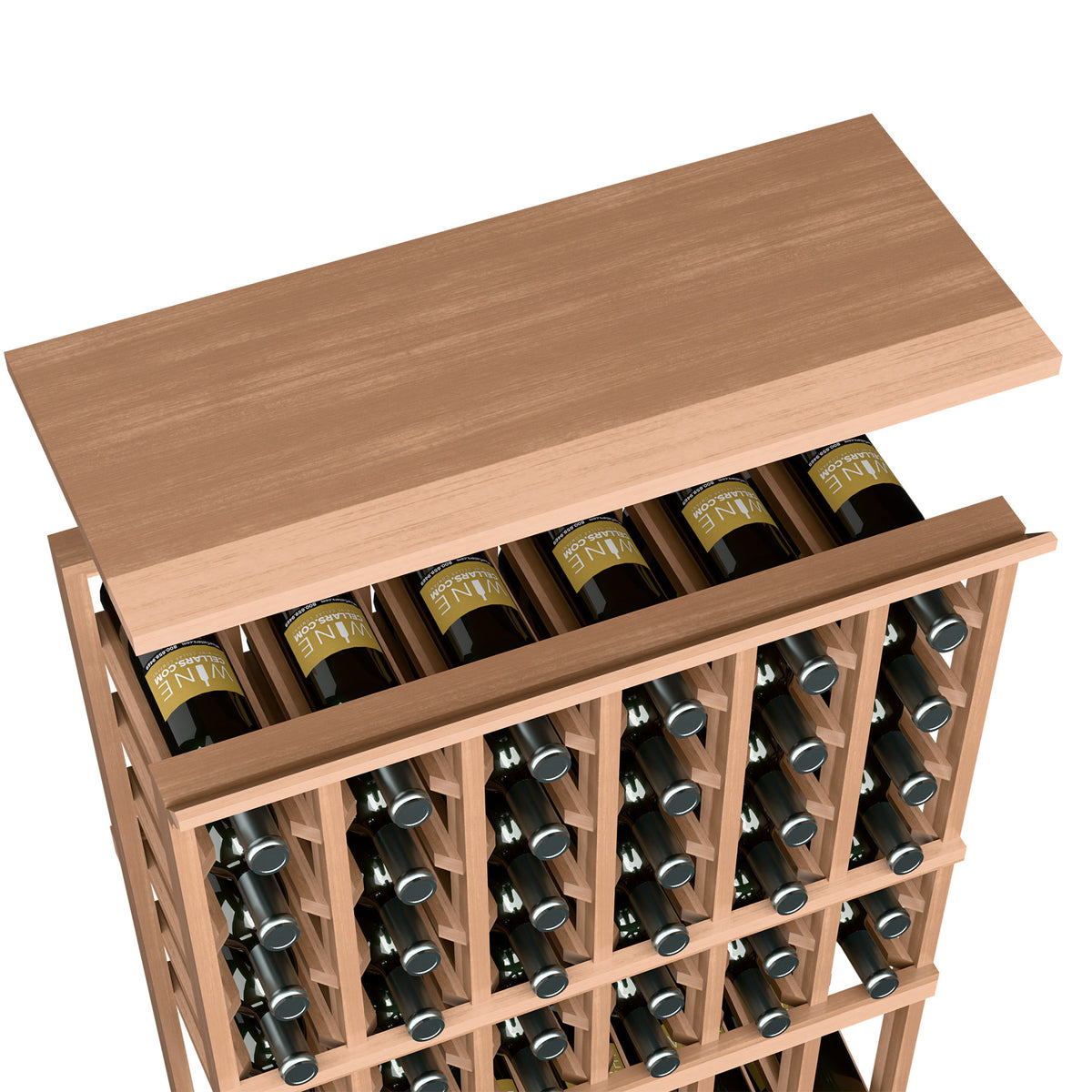Wood top shelf for 6-column rack with bottle slots, light tan-stained finish