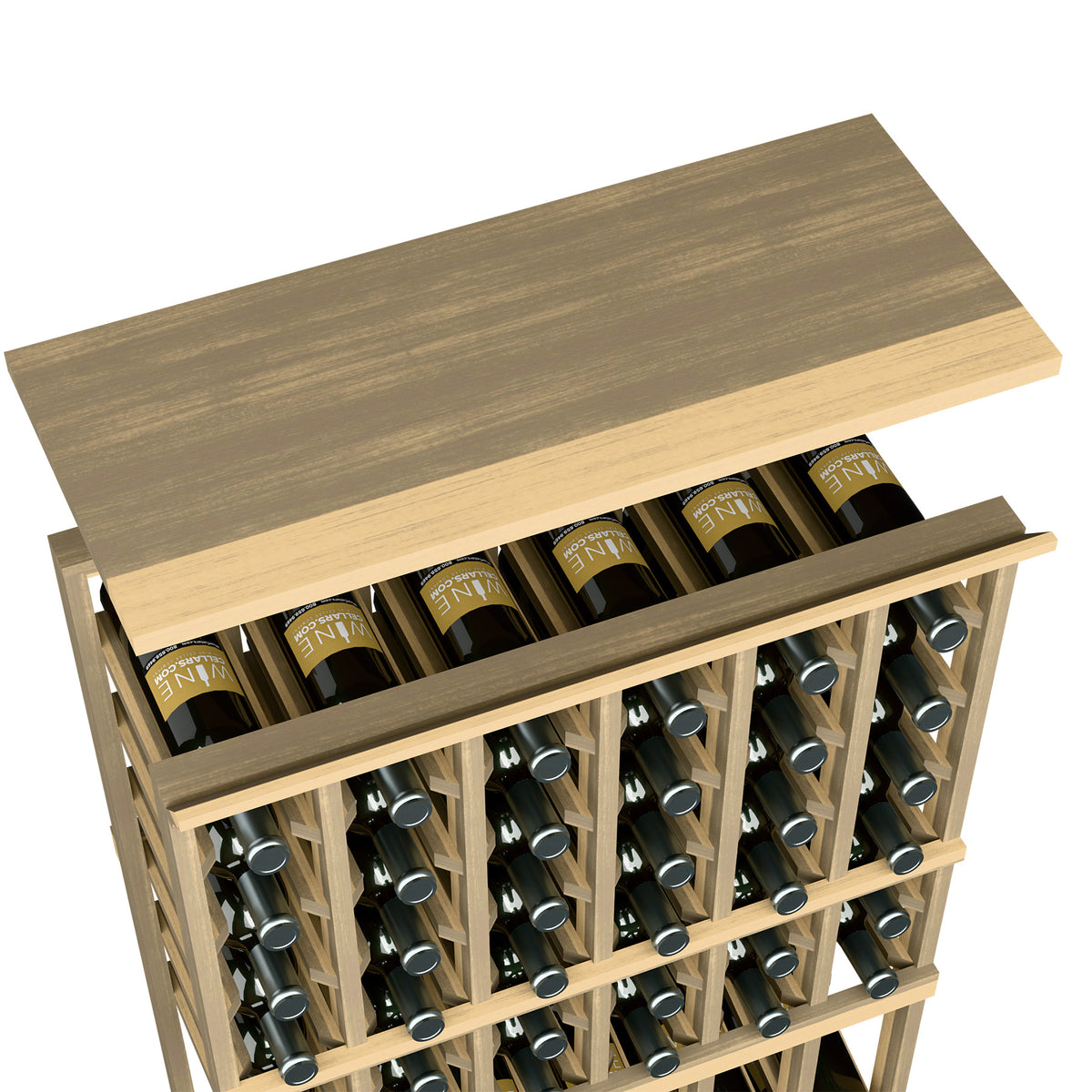Wood top shelf for 6-column rack with bottle slots, light beige-stained finish