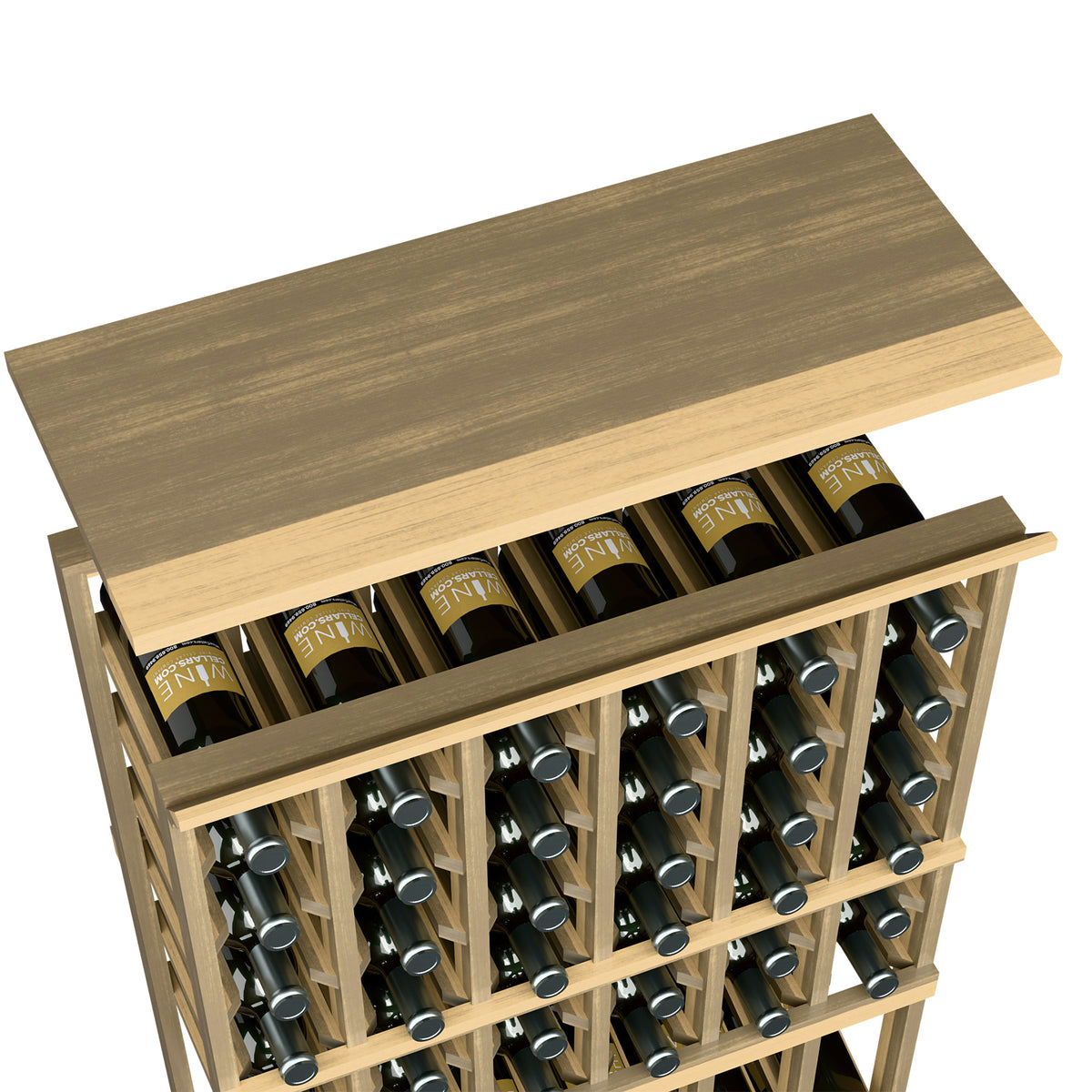 Wood top shelf for 6-column rack with bottle slots, medium beige-stained finish