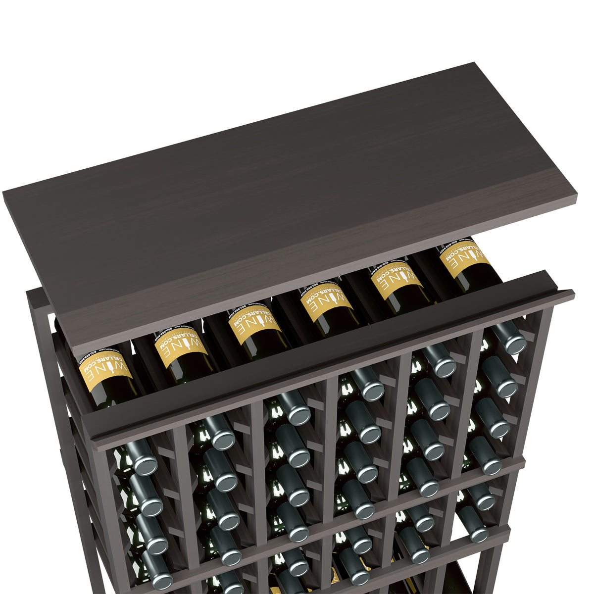 Wood top shelf for 6-column rack with bottle slots, deep dark finish
