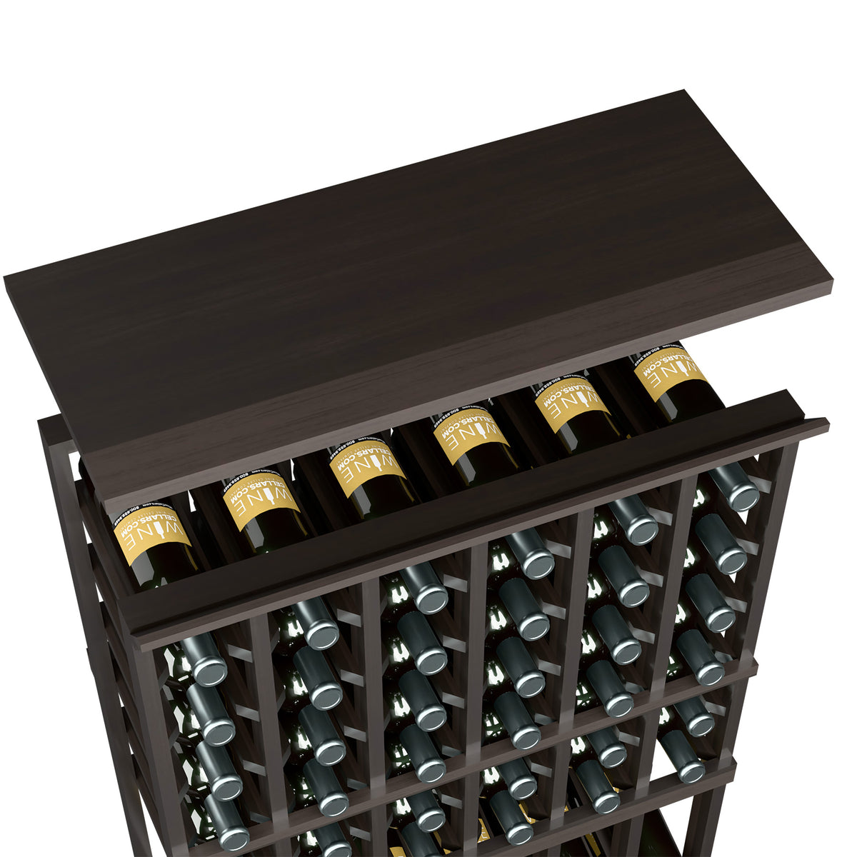 Wood top shelf for 6-column rack with bottle slots, dark brown-stained finish