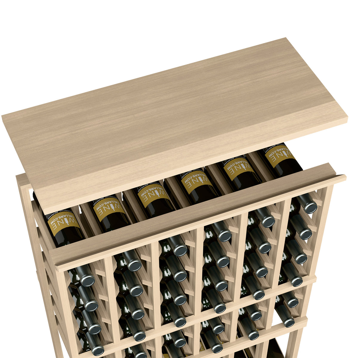 Wood wine rack with top shelf and bottle slots, natural light wood finish