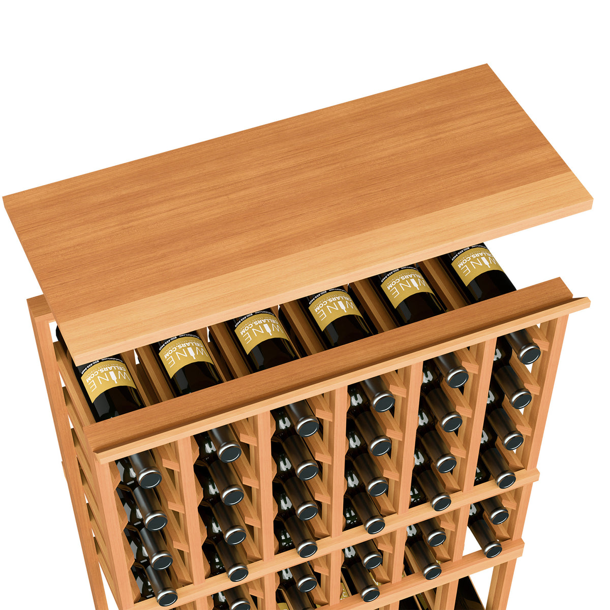 Wood wine rack with top shelf and bottle slots, warm orange wood finish