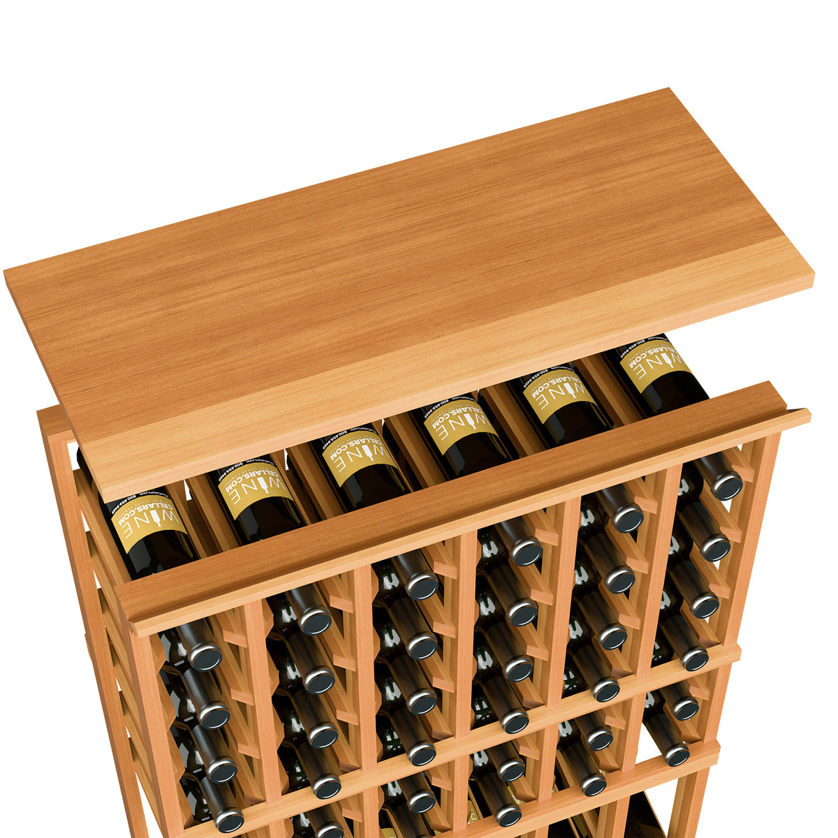 Wood wine rack with top shelf and bottle slots, light brown wood finish