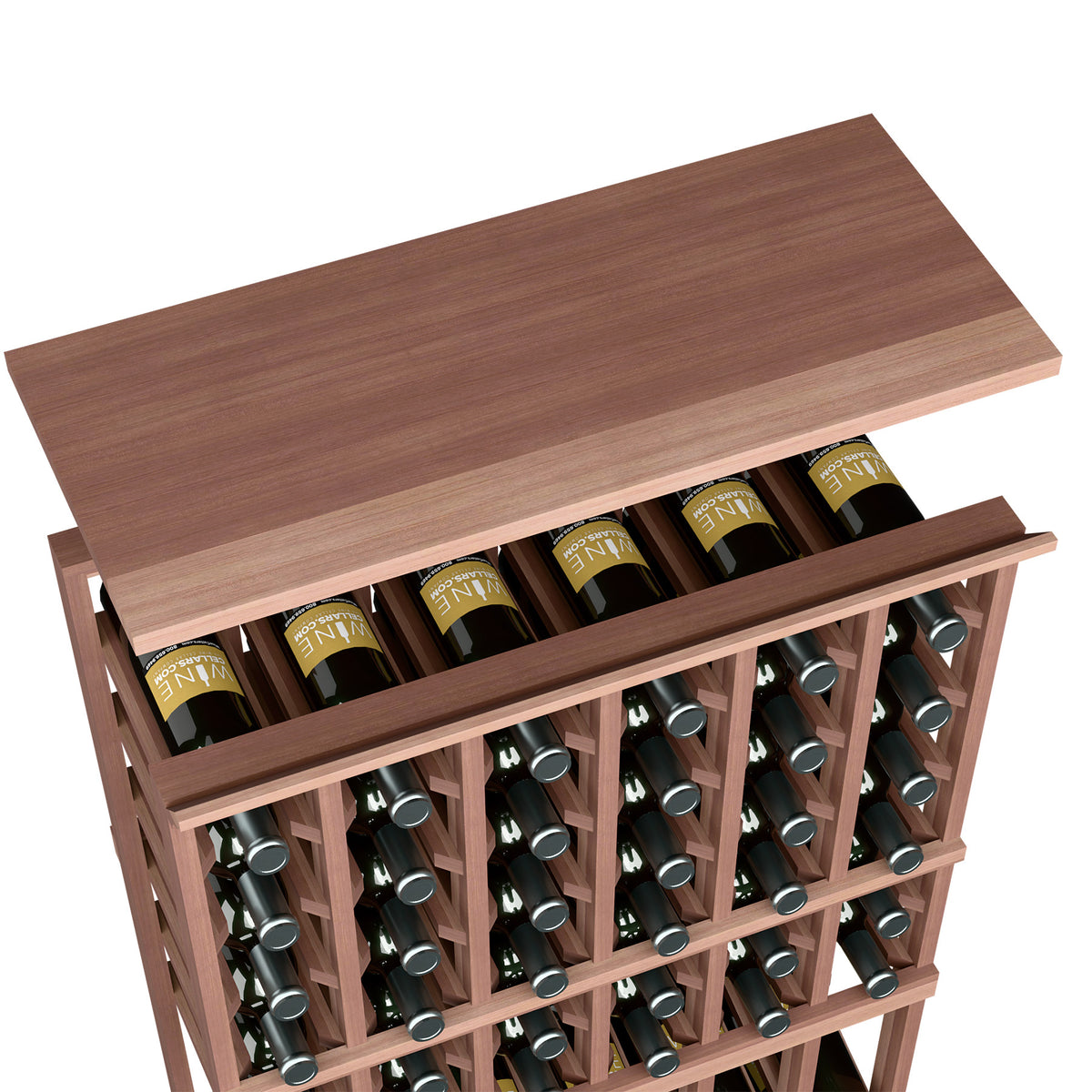 Wood wine rack with top shelf and bottle slots, medium dark brown wood finish