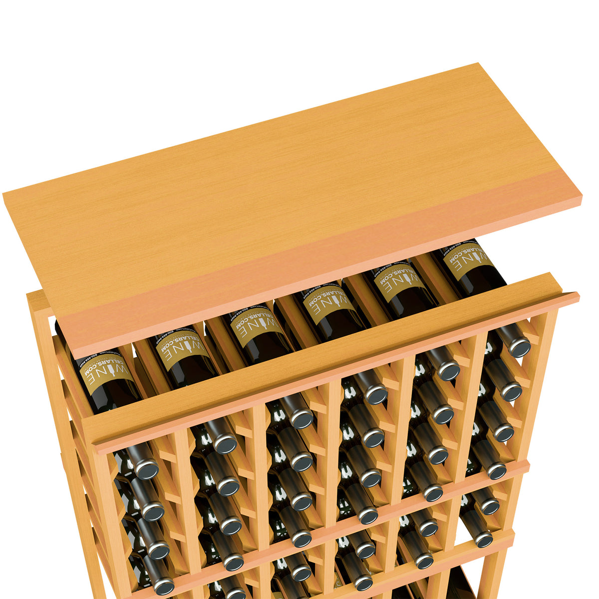 Wood wine rack with top shelf and bottle slots, honey-colored wood finish