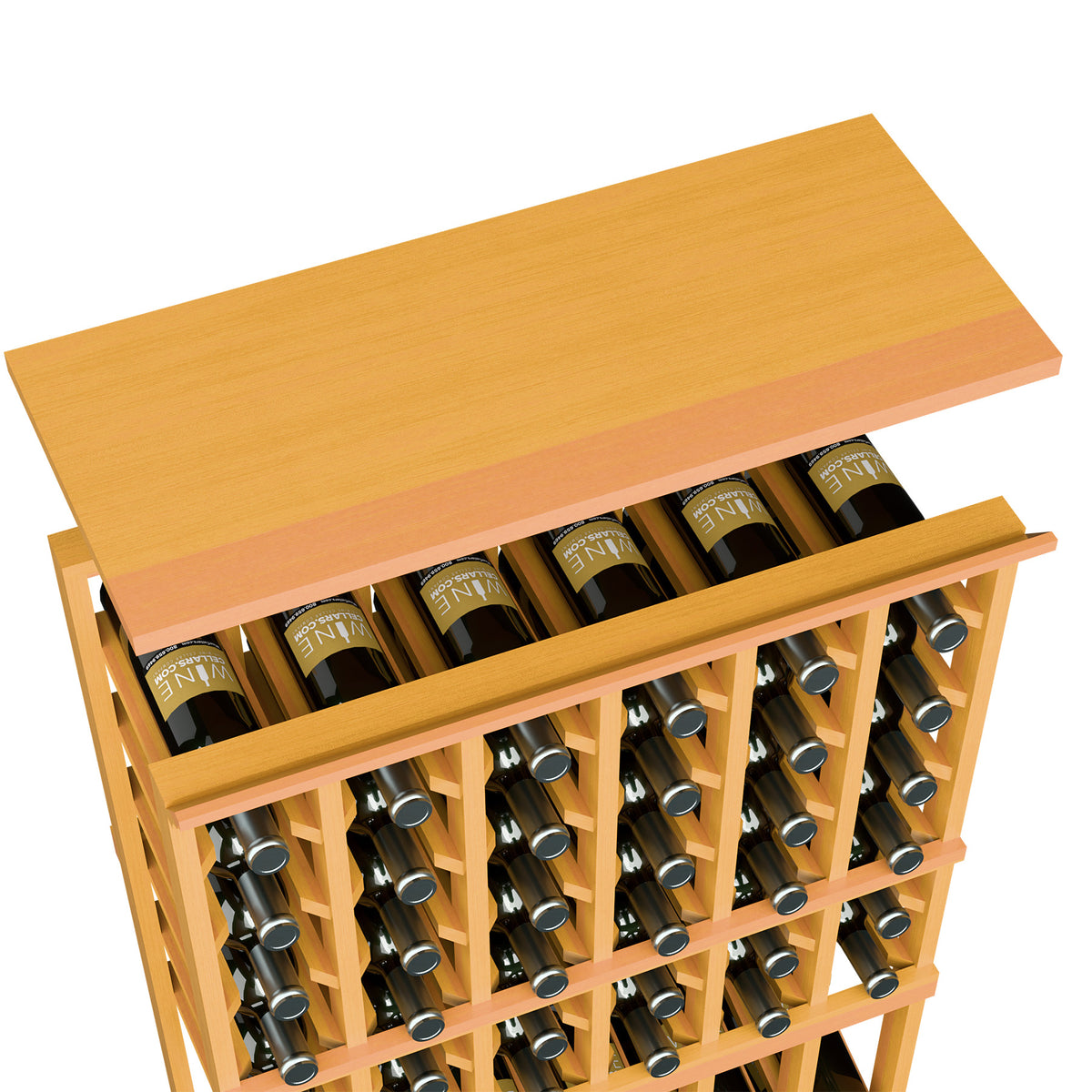 Wood wine rack with top shelf and bottle slots, honey-colored wood finish