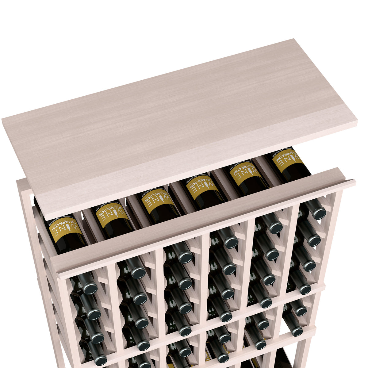 Wood wine rack with top shelf and bottle slots, whitewashed light gray finish