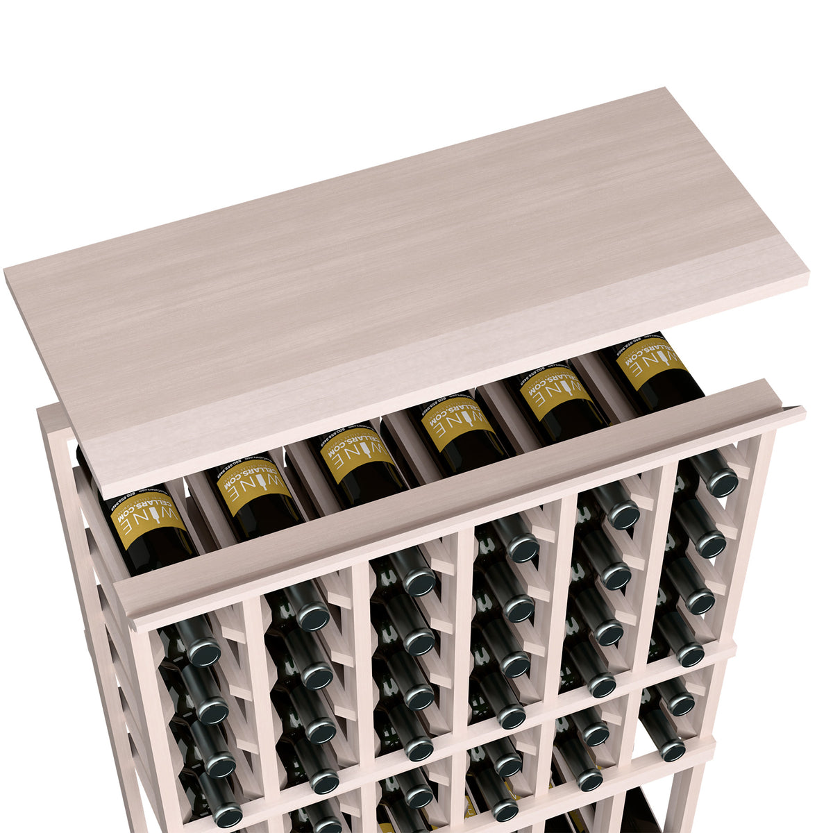 Wood wine rack with top shelf and bottle slots, whitewashed light gray finish