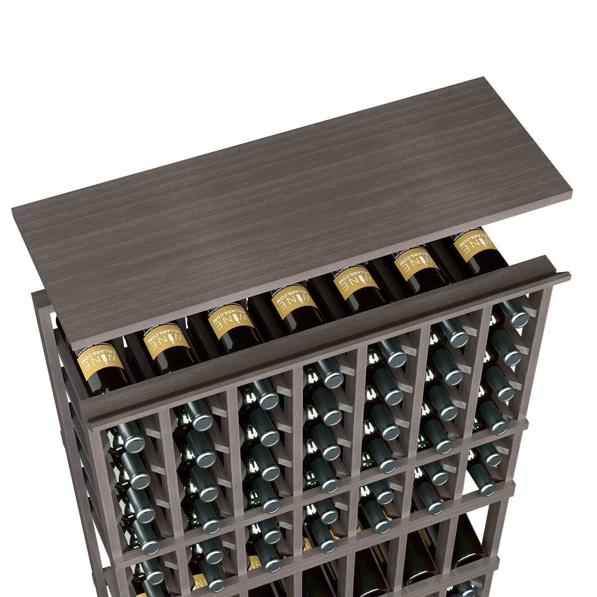 Dark gray wood top shelf for 7-column wine rack, filled bottle openings visible
