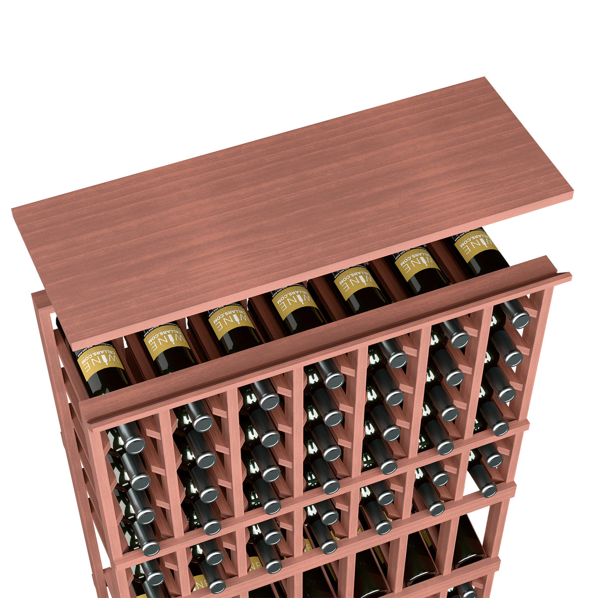 Red-brown wood top shelf for 7-column wine rack with bottle slots