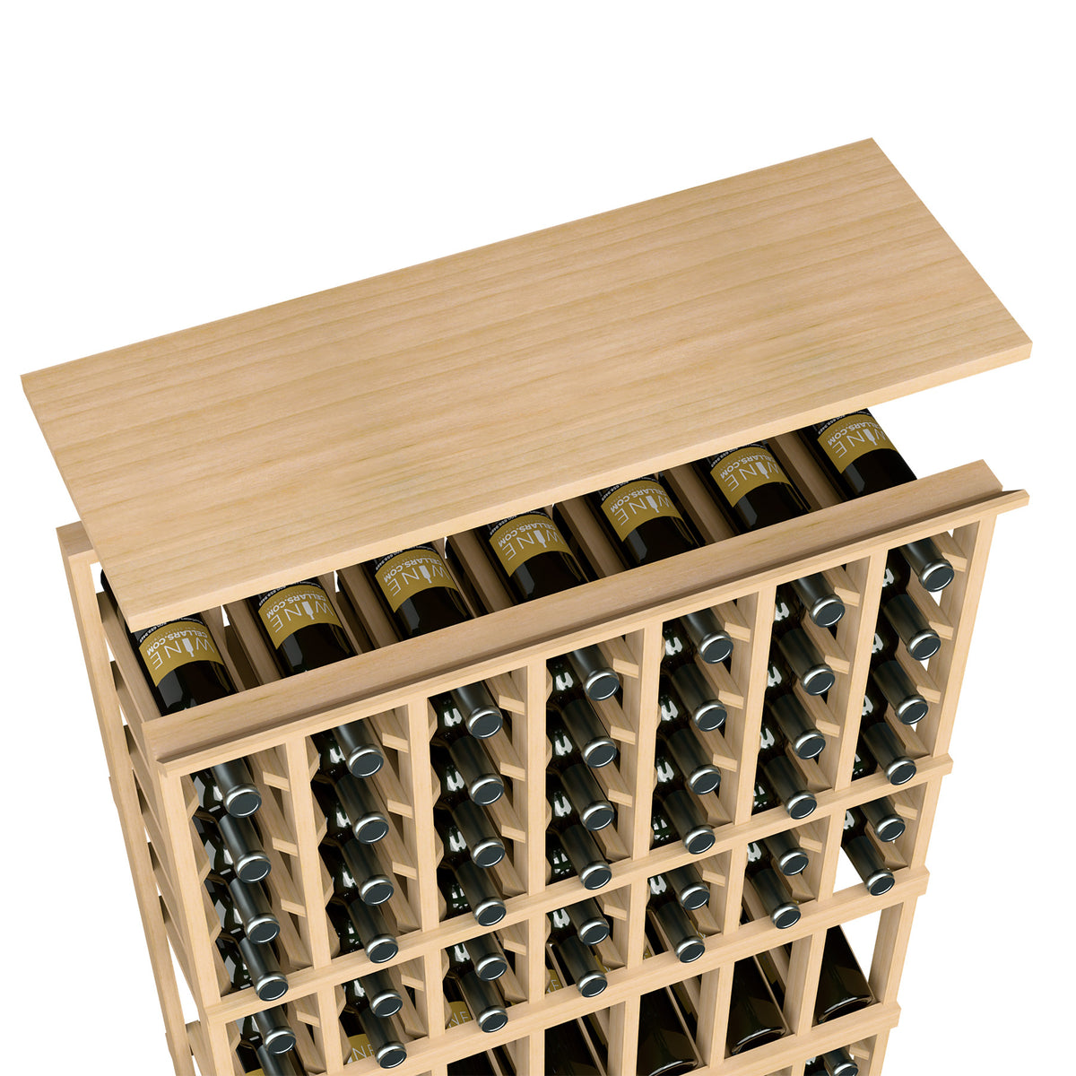 Light wood top shelf for 7-column wine rack with bottle slots and dividers