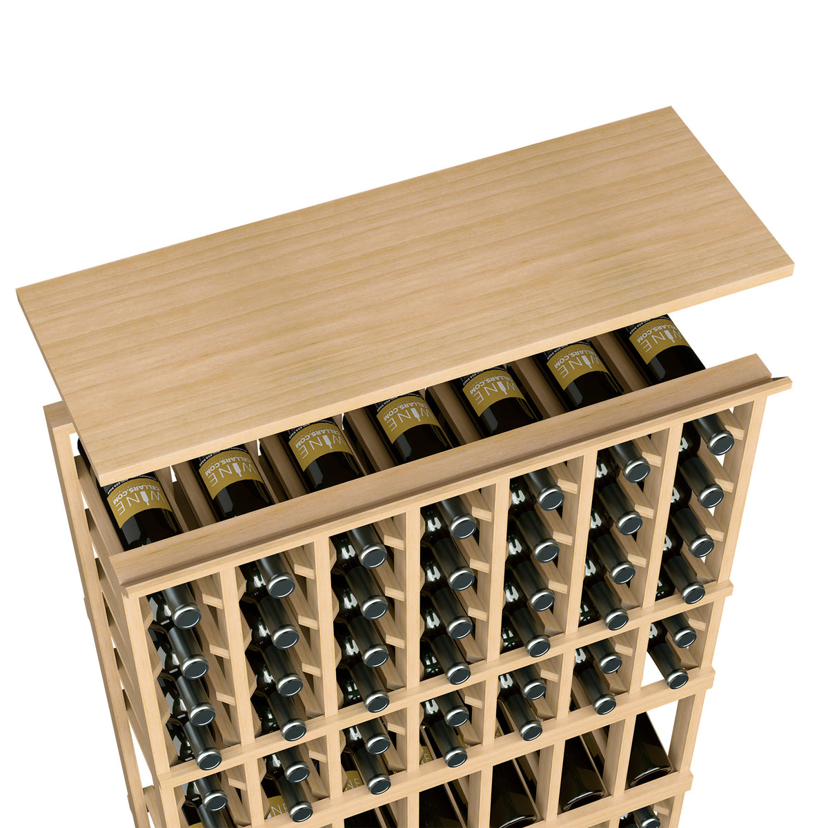 Light wood top shelf for 7-column wine rack with bottle openings visible