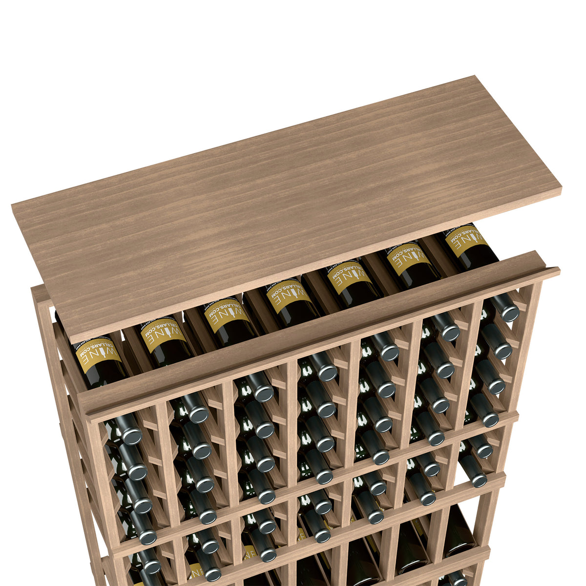 Medium brown wood top shelf for 7-column wine rack with bottle slots