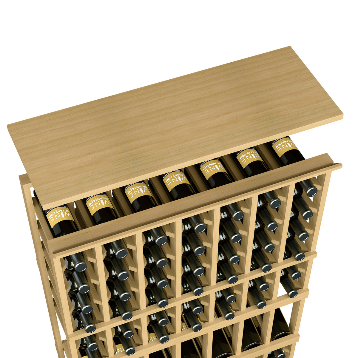 Solid wood top shelf for 7-column wine rack in natural wood tone with bottle slots