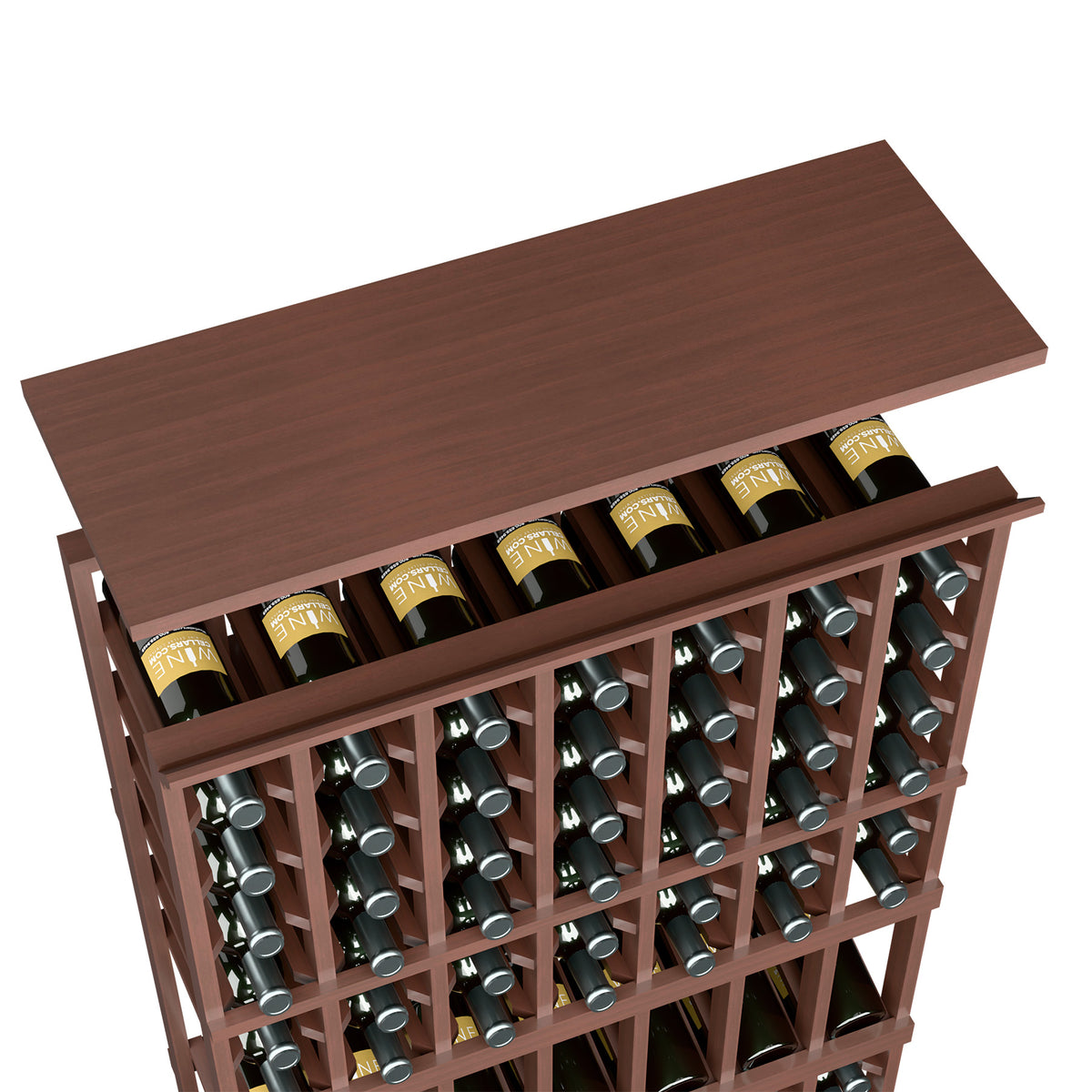 Solid wood top shelf for 7-column wine rack with espresso-brown finish and bottle holders