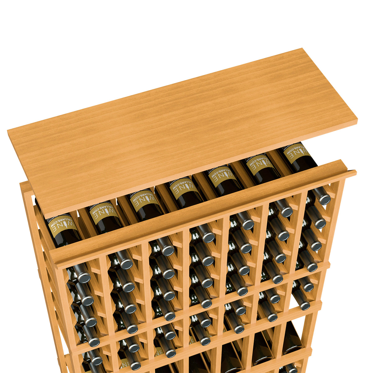 Solid wood top shelf for 7-column wine rack in golden wood tone with bottle holders