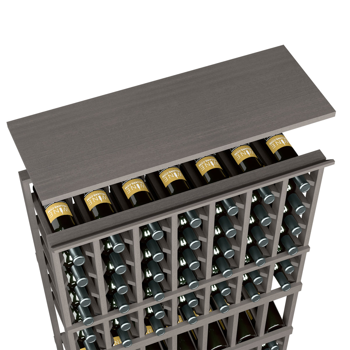 Dark wood wine rack top shelf with bottle storage in a 7-column rack