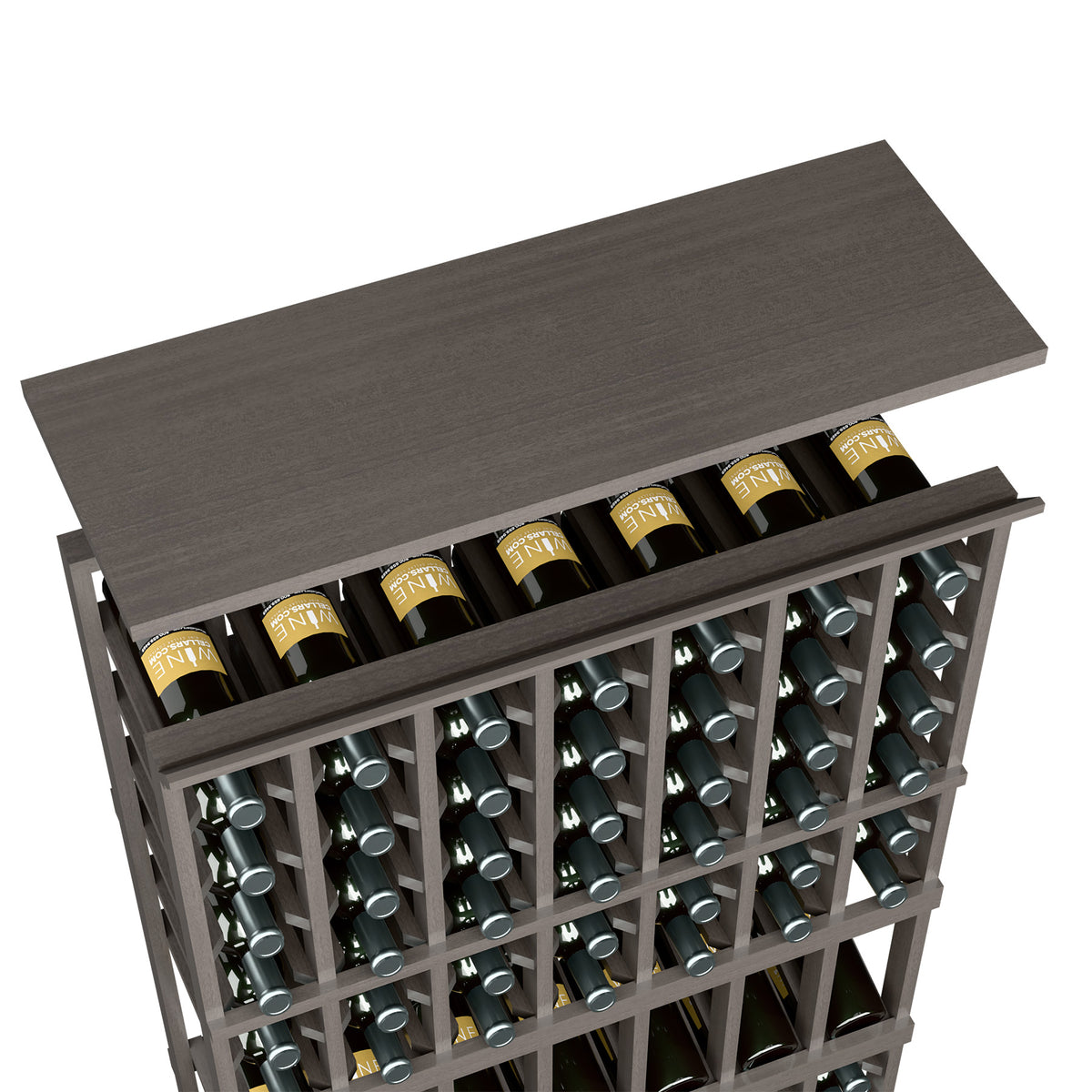 Dark gray wine rack top shelf showing bottle slots across the 7-column rack