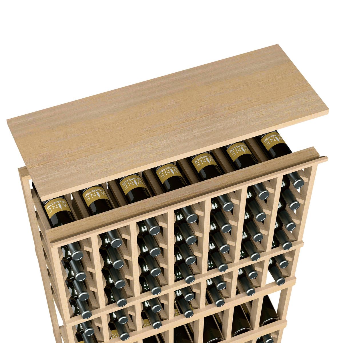 Light wood wine rack top shelf with bottle storage in a 7-column rack