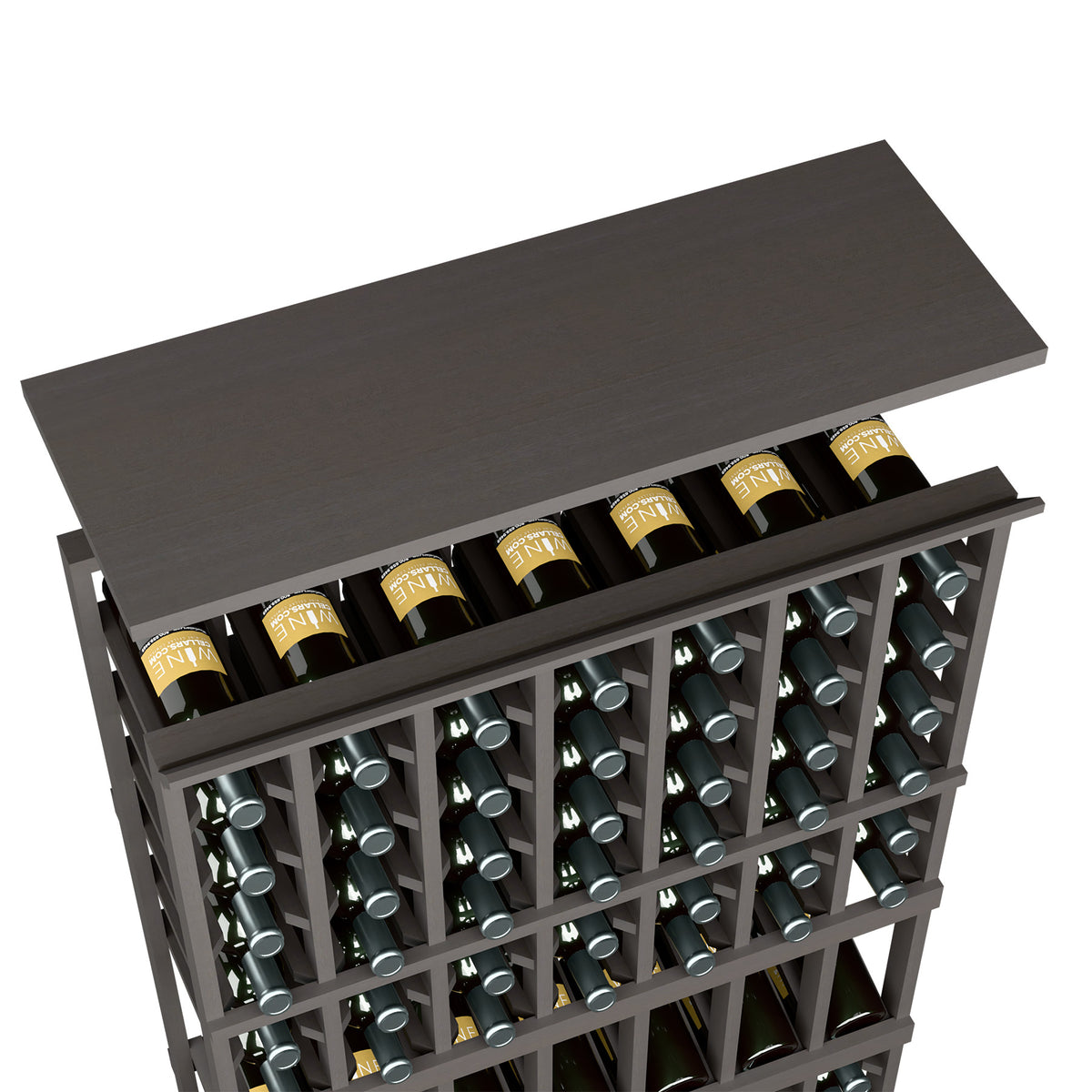 Blackish wood wine rack top shelf with bottle storage in a 7-column rack