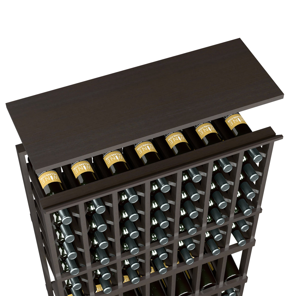 Dark espresso-toned wine rack top shelf with bottle storage in a 7-column rack