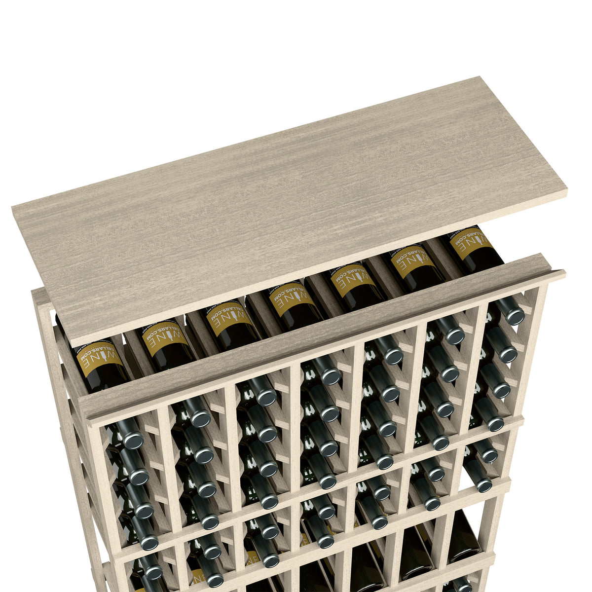 Light gray wood top shelf for 7-column wine rack, with wine bottles in front cubbies